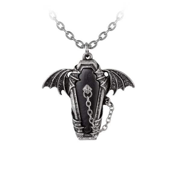 Alchemy Gothic Eternal Sleep Pendant Bat Wing Black Coffin Poker on Chain NWT - Picture 4 of 5
